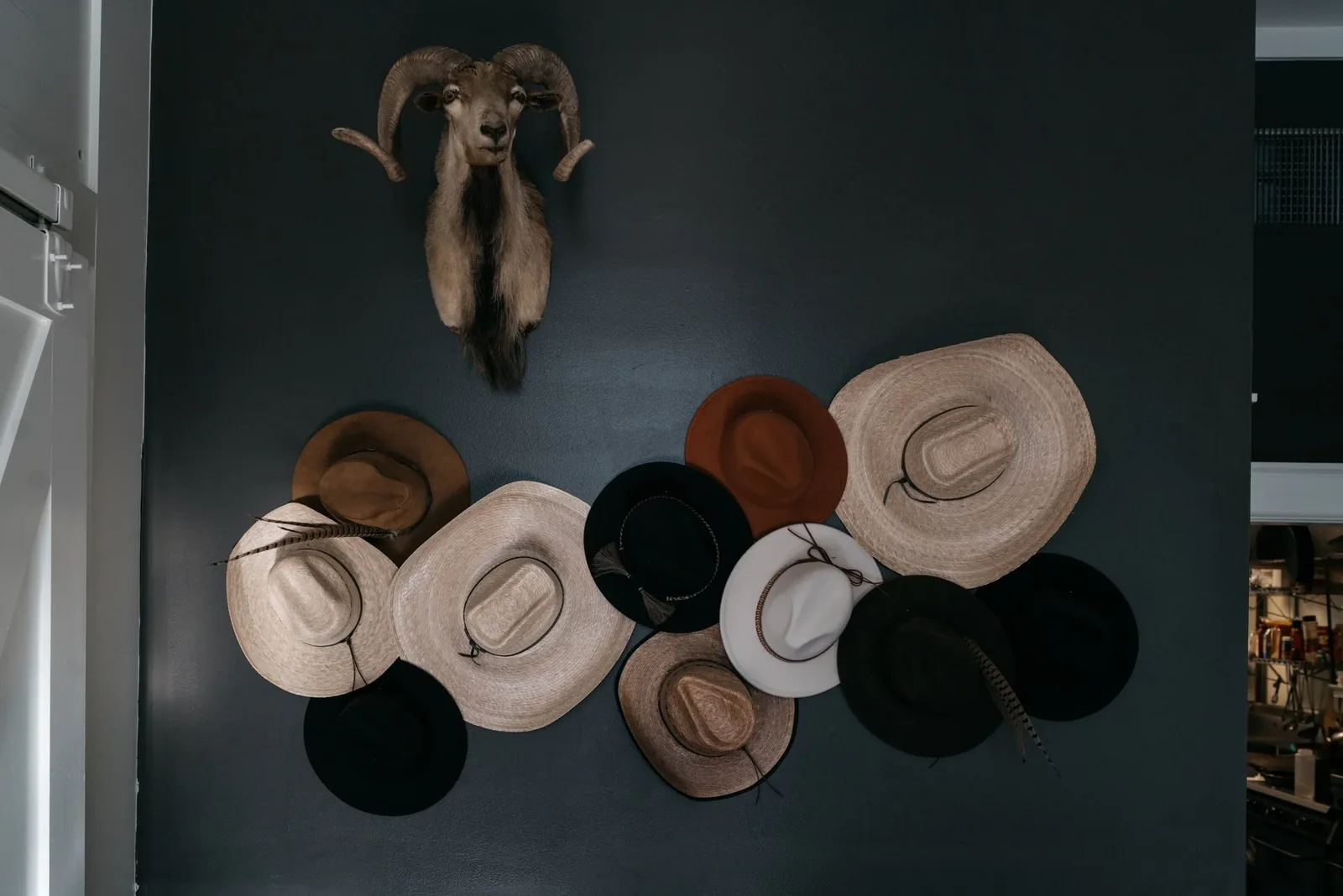 A wall of felt and straw hats against dark paint inside Criollo